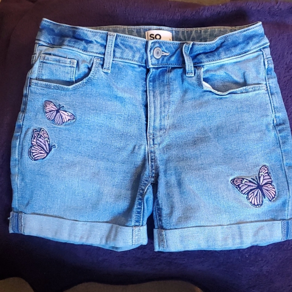 SO Girls Light Blue Denim Shorts with Pink Butterfly Embroidery